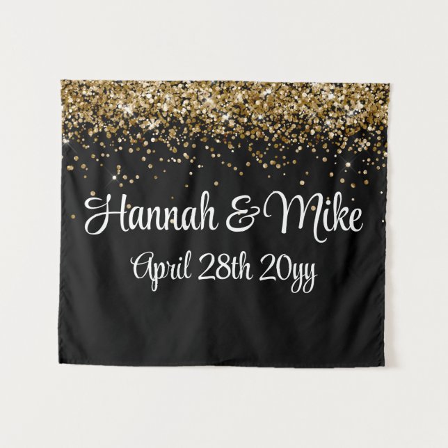 Custom Black and Gold Wedding Backdrop Photo Booth Tapestry (Front (Horizontal))