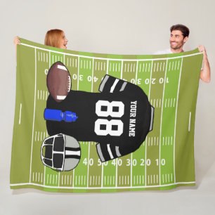Custom Black and Gray Football Jersey on Field Fleece Blanket