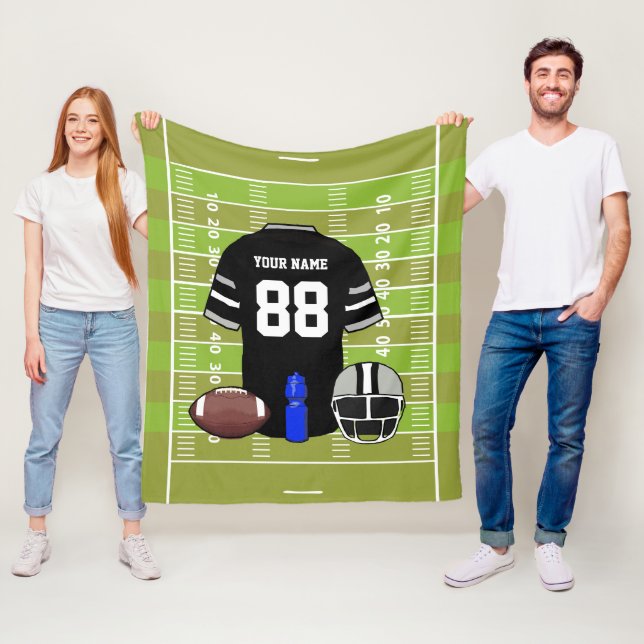 Custom Black and Grey Football Jersey on Field Fleece Blanket (In Situ)