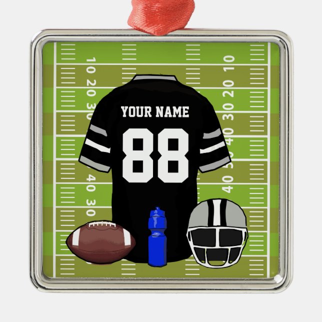 Custom Black and Grey Football Jersey on Field Metal Tree Decoration (Front)