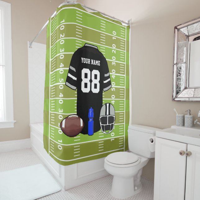 Custom Black and Grey Football Jersey on Field Shower Curtain (In Situ)