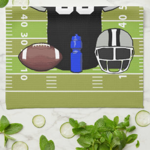 Custom Black and Grey Football Jersey on Field Tea Towel