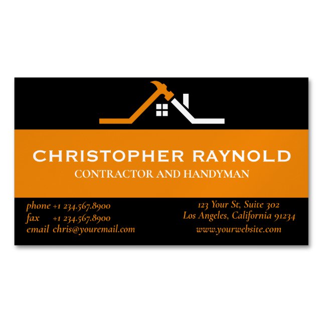 Custom Black and Orange Home Building Construction Magnetic Business Card (Front)