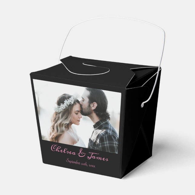 Custom Black and Pink Calligraphy Wedding Photo Favour Box (Front Side)