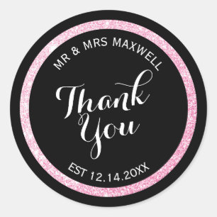 Custom Black and Pink Glitter Thank You Classic Round Sticker