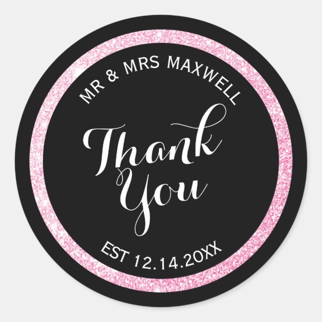Custom Black and Pink Glitter Thank You Classic Round Sticker (Front)