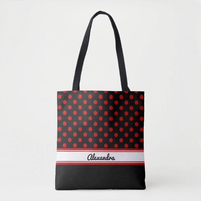 Custom Black and Red Polka Dots Black Base Tote Bag (Front)