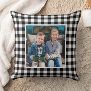 Custom Black and White Buffalo Plaid Holiday Photo Cushion