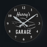 Custom black and white car garage wall clock gift<br><div class="desc">Custom black and white car garage wall clock gift. Cool automotive design with personalized name and background color. Christmas or Birthday gift idea for husband, dad, boyfriend, grandpa, boss, coworker, taxi driver, race driver, boy, kids etc. Trendy home decor time clock for mechanic, auto repair shop, garage, man cave etc....</div>