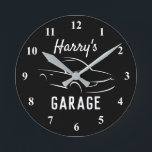 Custom black and white car garage wall clock gift<br><div class="desc">Custom black and white car garage wall clock gift. Cool automotive design with personalized name and background color. Christmas or Birthday gift idea for husband, dad, boyfriend, grandpa, boss, coworker, taxi driver, race driver, boy, kids etc. Trendy home decor time clock for mechanic, auto repair shop, garage, man cave etc....</div>
