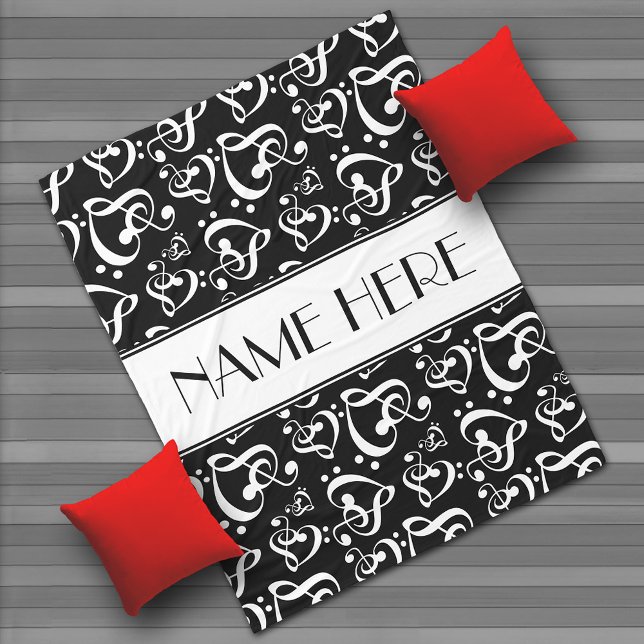 Custom Black And White Clef Hearts Music Notes Fleece Blanket (Creator Uploaded)