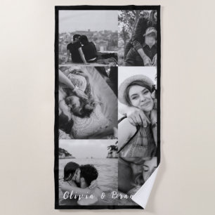 Custom Black and White Couple Photo Collage Names Beach Towel