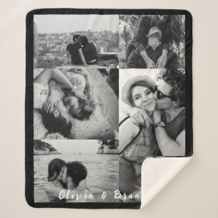 Custom Black and White Couple Photo Collage Names Sherpa Blanket