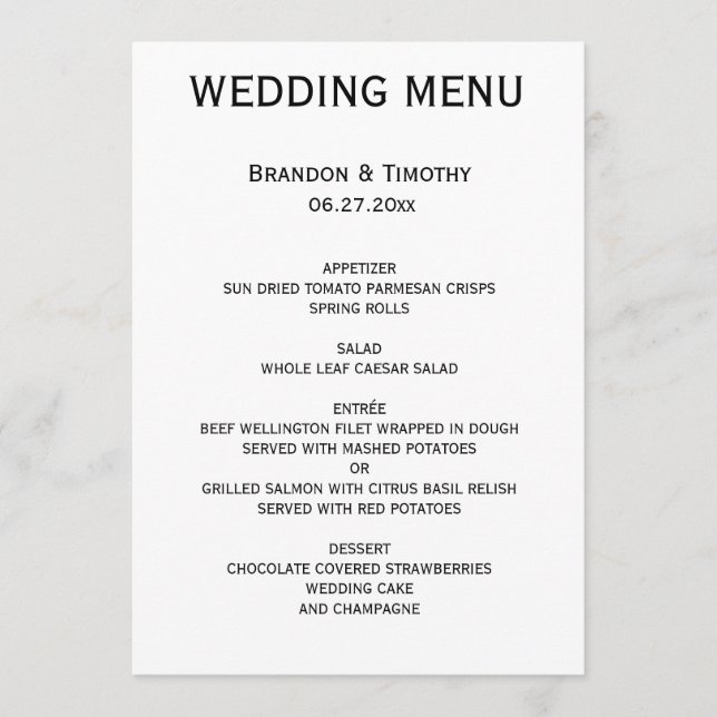 Custom Black And White Gay Wedding Menu (Front)