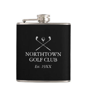 Custom Black And White Golf Club Name Hip Flask