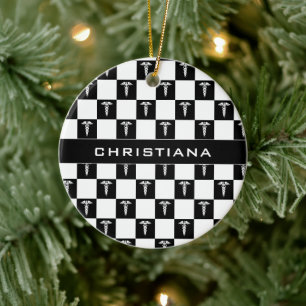 Custom Black and White Medical Symbol Caduceus  Ceramic Tree Decoration