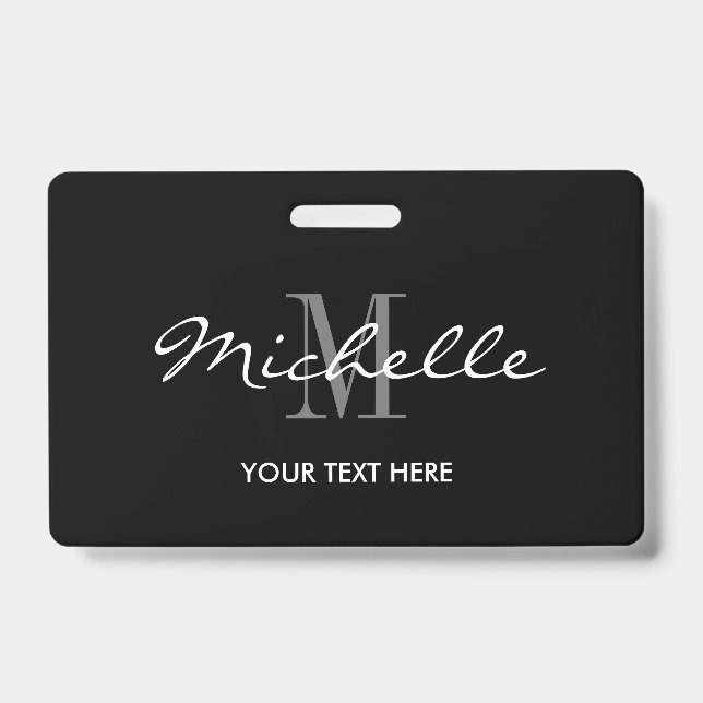 Custom black and white monogram name badge ID badge (Front)