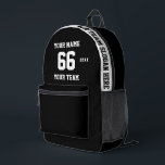 Custom black and white Name, Number, Team Sport Printed Backpack<br><div class="desc">Create your own custom black and white Sport Football Style Printed Backpack with Name, Number, Team Name, Slogan and Year. Personalise this simple classic Printed Backpack template with your custom message, name, team name and year. Easily personalise it for a cool sport keepsake. Create your unique personalised gift for coach,...</div>