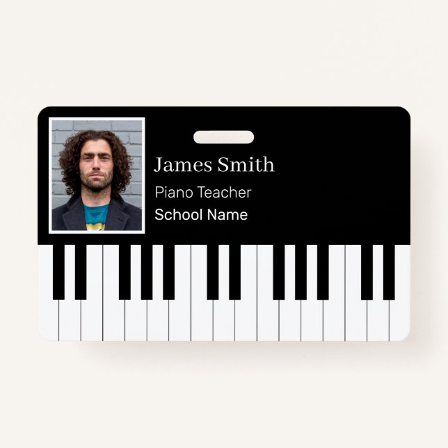 Custom Black and White Piano Teacher Badge ID ID Badge (Front)