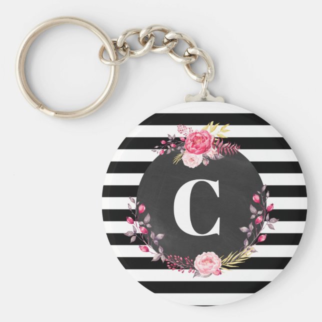Custom Black And White Striped Button Keychain (Front)