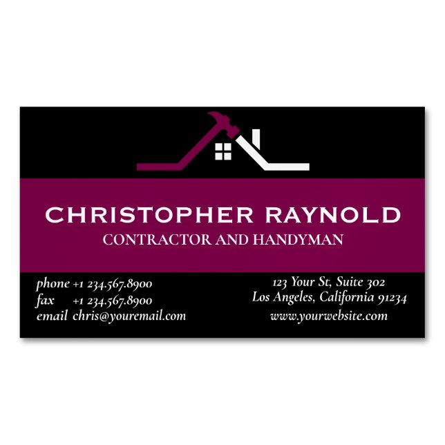 Custom Black and Wine Home Building Construction Magnetic Business Card (Front)