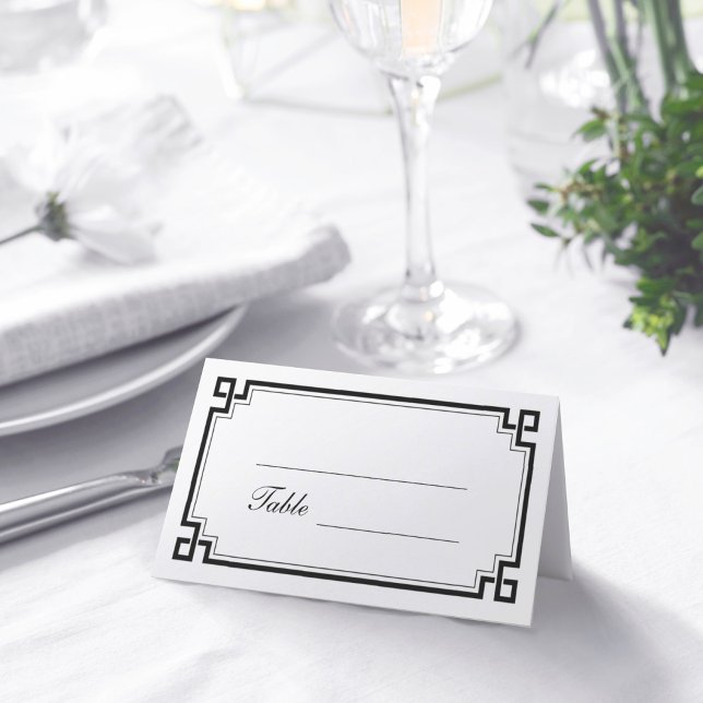 Custom Black Art Deco Border White Wedding Names Place Card (Creator Uploaded)