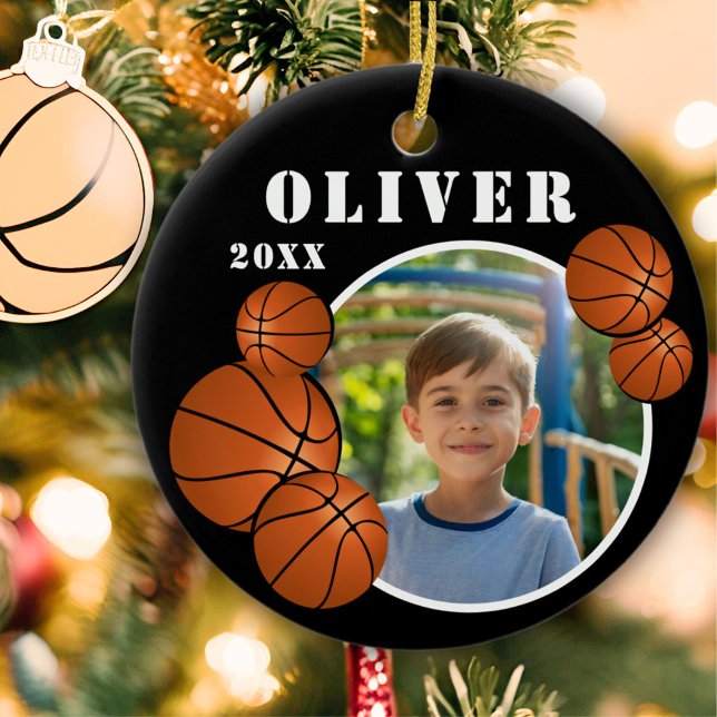 Custom Black Basketball Ball Sports Photo Ceramic Tree Decoration (Creator Uploaded)
