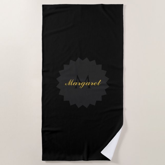 Custom Black Beach Towel with Name and Initial (Front)
