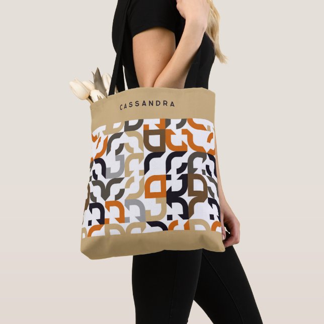 Custom Black Brown Beige Orange Retro Art Pattern Tote Bag (Close Up)