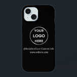 Custom Black Business Logo Branded iPhone 15 Case<br><div class="desc">Promote your brand with this customisable Iphone Case. This design features your own logo and social media information,  along with a space for a custom homepage address. Perfect for giveaways,  trade shows,  and other promotional events. Need help with personalisation? Contact us using the message button below for assistance.</div>