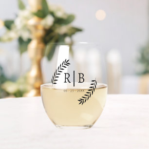 Custom Black Calligraphy Couple Names Initials Stemless Wine Glass