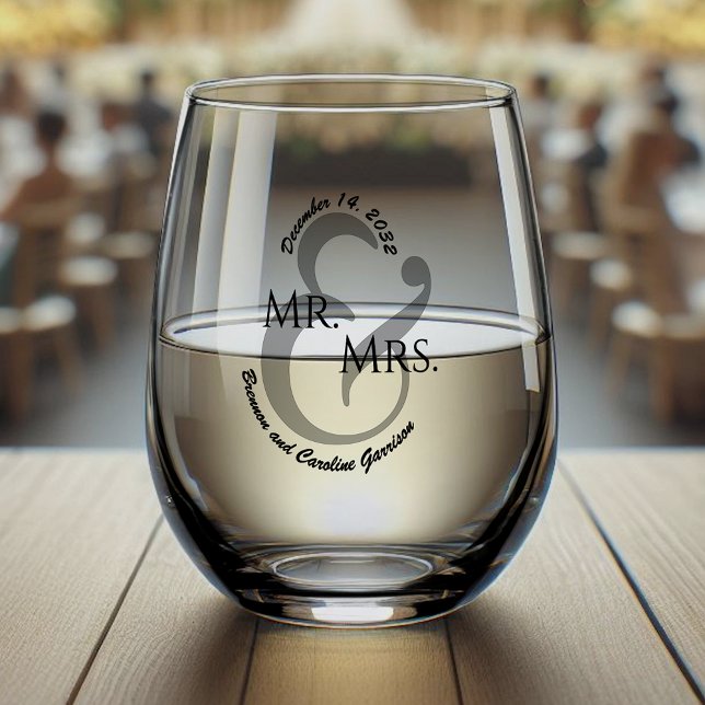 Custom Black Calligraphy Couple Names Initials Stemless Wine Glass (Creator Uploaded)