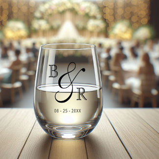 Custom Black Calligraphy Couple Names Initials Stemless Wine Glass