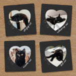 Custom Black Cat Photo Pet Name Heart Frame Cute Coaster Set<br><div class="desc">Just upload your black cat images and add their names. Placeholder images used with permission</div>