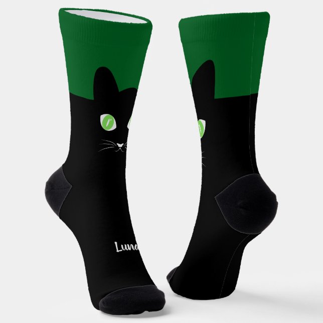 Custom Black Cat Photo Socks with Name - Cat Lover (Angled)