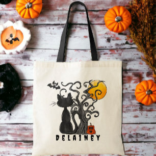 Custom Black Cat Trick or Treat Halloween Candy Tote Bag