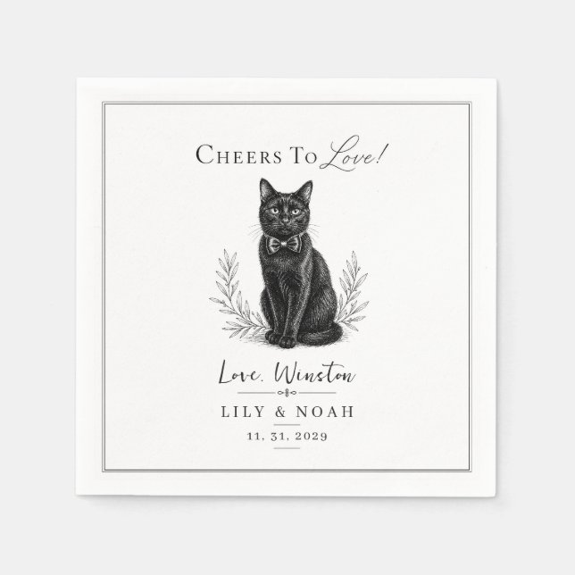Custom Black Cat Wedding Printable Keepsake Sketch Napkin (Front)