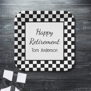 Custom Black Chequered Retirement Party Paper Plate