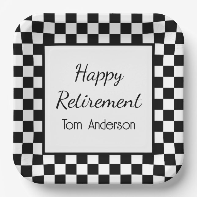 Custom Black Chequered Retirement Party  Paper Plate (Front)