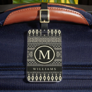 Custom Black Cream White Grey  Aztec Pattern Luggage Tag