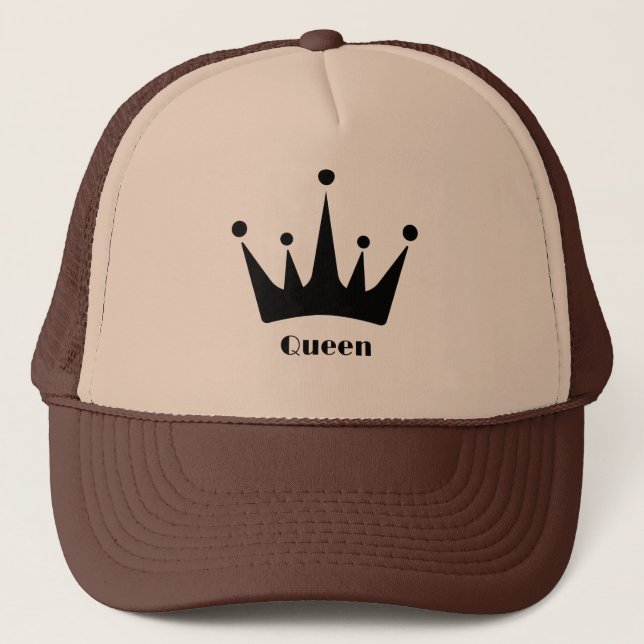 Custom Black Crown Image Queen Text Tan and Brown  Trucker Hat (Front)