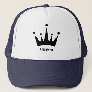 Custom Black Crown Image Queen Text White and Navy Trucker Hat