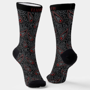 Custom Black Dark Grey and Red Paisley Pattern Socks