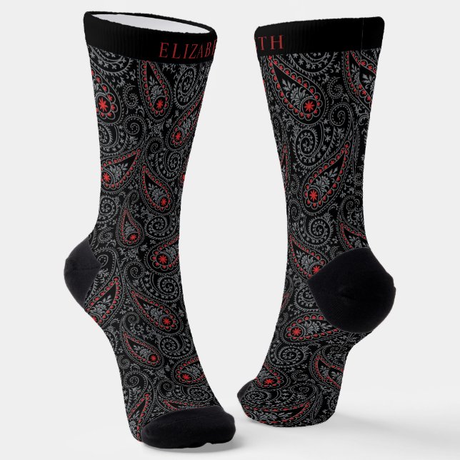 Custom Black Dark Grey and Red Paisley Pattern Socks (Angled)