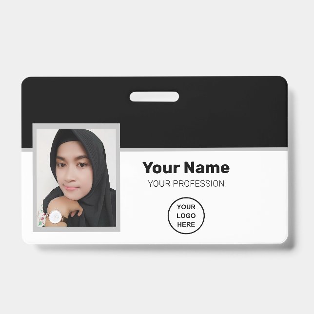 Custom Black Employee: Photo, Bar Code, Logo, Name ID Badge (Front)