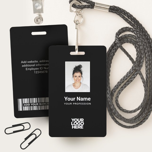 Custom Black Employee Photo, Bar Code, Logo, Name ID Badge (Creator Uploaded)