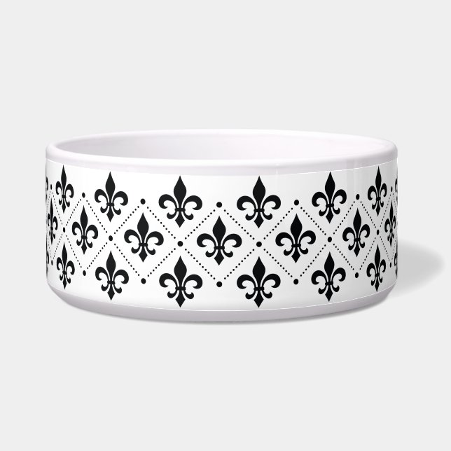 Custom Black Fleur de Lis Dog Cat Pet Bowl (Front)
