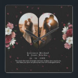 Custom Black Floral couple valentine's Day gifts Square Wall Clock<br><div class="desc">Minimalist personalised "heart Shaped collage" canvas printable contains 2 big photos of artwork. DESIGN TIPS: Customise further to alter text size or font. To order without text,  you can also delete the text and the Love Message</div>