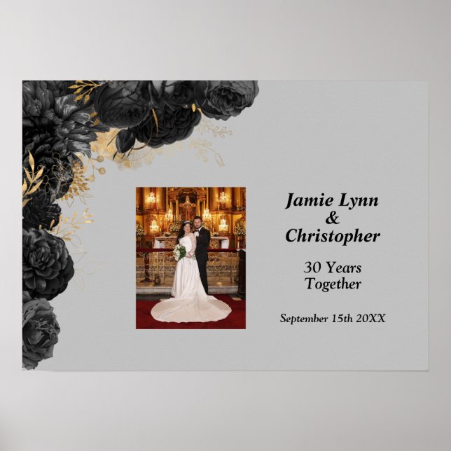 Custom Black Floral Wedding Anniversary Poster (Front)