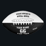 Custom black Football with Name, Number, Team<br><div class="desc">Create your own custom black white Football with Name, Number, Team Name, Slogan and Year. Personalise this simple classic football template with your custom message, name, team name and year. Easily personalise it for a cool sport keepsake. Create your unique personalised gift for coach, boy's birthday, football player, teammates and...</div>